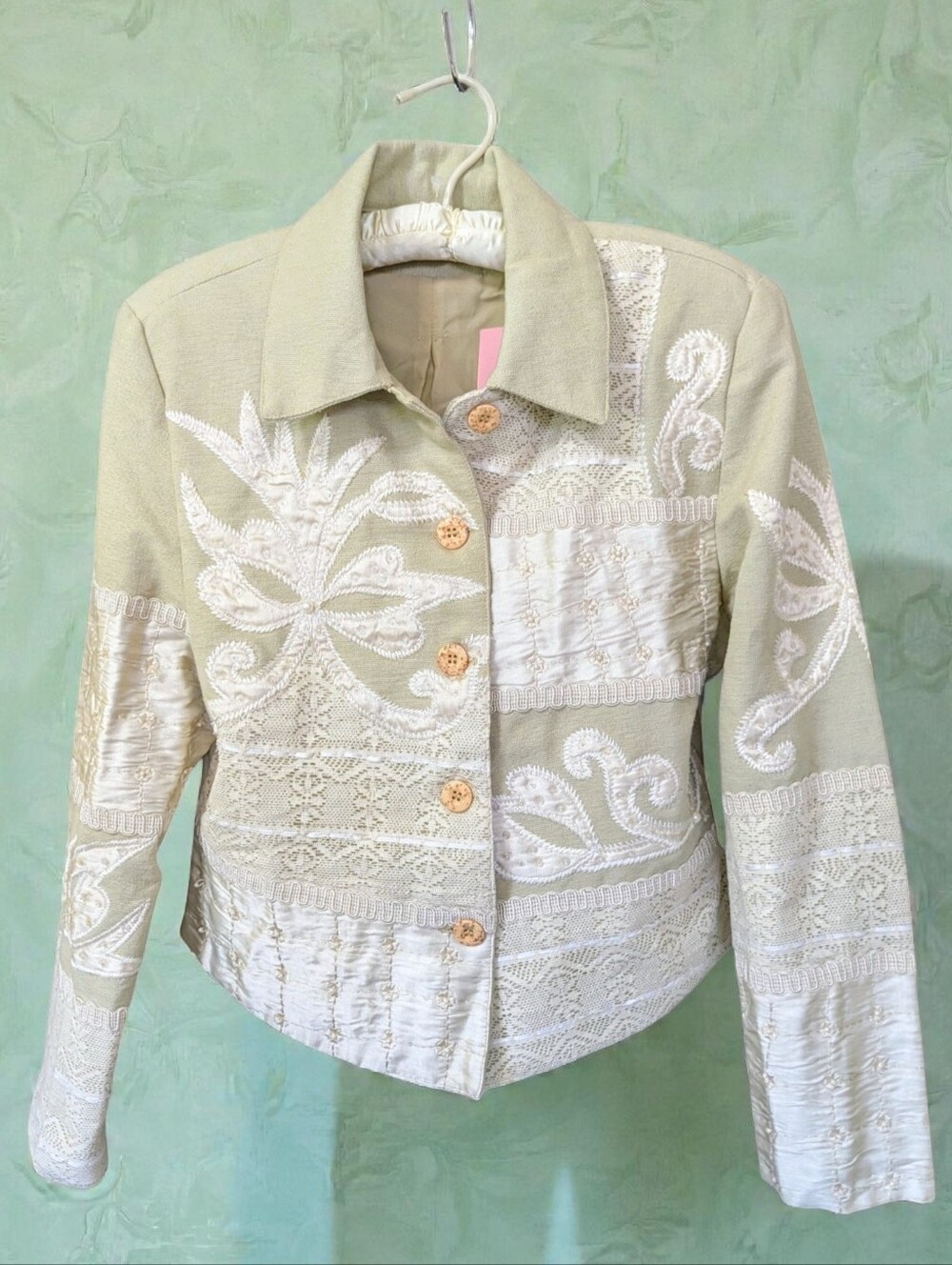 Anage Cotton Jacket Womens Embellished Bead Lace Sequin Lined Sage Green S/M NWT